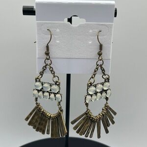 Bold White Opalescent Stone & Brass Statement Earrings